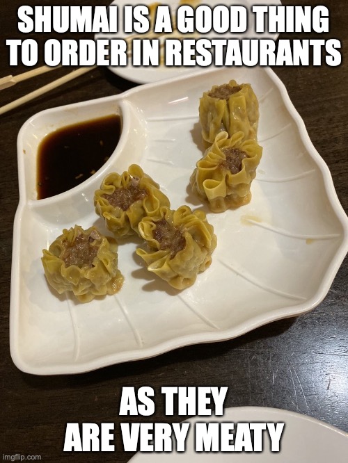 Shumai | SHUMAI IS A GOOD THING TO ORDER IN RESTAURANTS; AS THEY ARE VERY MEATY | image tagged in food,memes | made w/ Imgflip meme maker