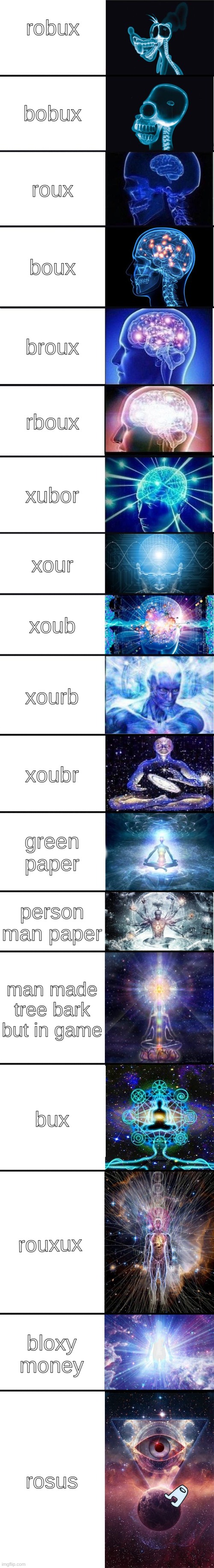expanding brain: 9001 | robux; bobux; roux; boux; broux; rboux; xubor; xour; xoub; xourb; xoubr; green paper; person man paper; man made tree bark but in game; bux; rouxux; bloxy money; rosus | image tagged in expanding brain 9001,roblox | made w/ Imgflip meme maker