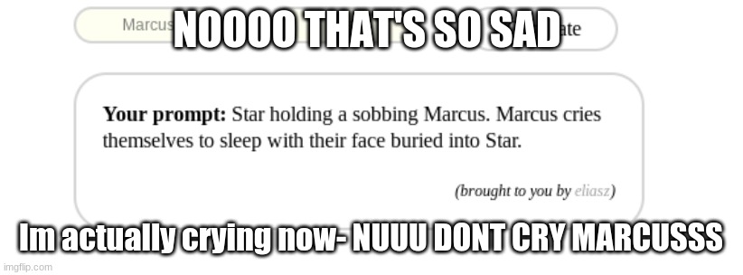 NOOOO THAT'S SO SAD; Im actually crying now- NUUU DONT CRY MARCUSSS | made w/ Imgflip meme maker