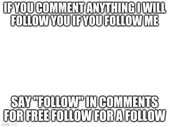 NO SCAM | IF YOU COMMENT ANYTHING I WILL
FOLLOW YOU IF YOU FOLLOW ME; SAY "FOLLOW" IN COMMENTS FOR FREE FOLLOW FOR A FOLLOW | image tagged in blank white template | made w/ Imgflip meme maker