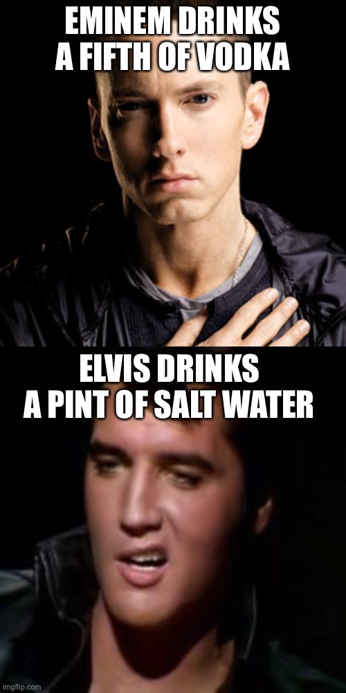 Dunno what this is. | EMINEM DRINKS A FIFTH OF VODKA; ELVIS DRINKS A PINT OF SALT WATER | made w/ Imgflip meme maker