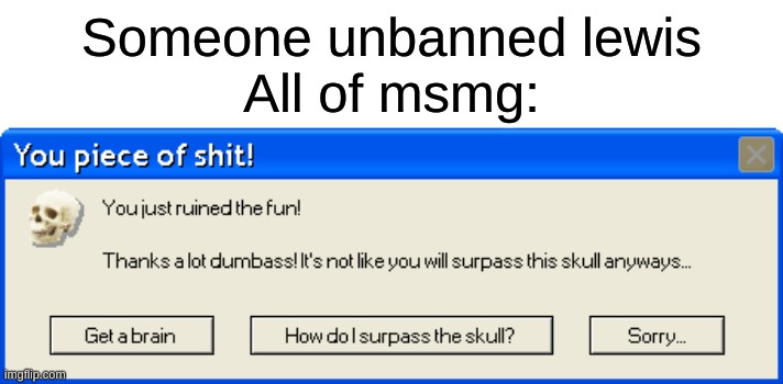 You just ruined the fun! | Someone unbanned lewis
All of msmg: | image tagged in you just ruined the fun | made w/ Imgflip meme maker