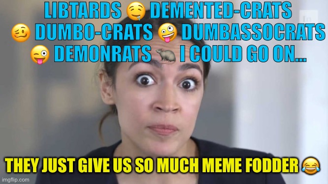 Crazy Alexandria Ocasio-Cortez | LIBTARDS ? DEMENTED-CRATS ? DUMBO-CRATS ? DUMBASSOCRATS ? DEMONRATS ? I COULD GO ON... THEY JUST GIVE US SO MUCH MEME FODDER ? | image tagged in crazy alexandria ocasio-cortez | made w/ Imgflip meme maker