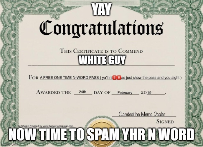 No offense | YAY; WHITE GUY; NOW TIME TO SPAM YHR N WORD | image tagged in n word pass | made w/ Imgflip meme maker