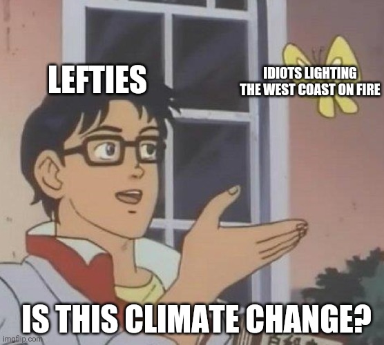 Is This A Pigeon | LEFTIES; IDIOTS LIGHTING THE WEST COAST ON FIRE; IS THIS CLIMATE CHANGE? | image tagged in memes,is this a pigeon | made w/ Imgflip meme maker