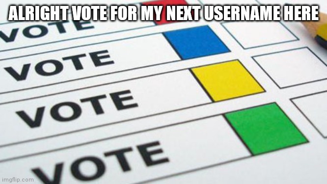 Options in comments | ALRIGHT VOTE FOR MY NEXT USERNAME HERE | image tagged in political poll | made w/ Imgflip meme maker