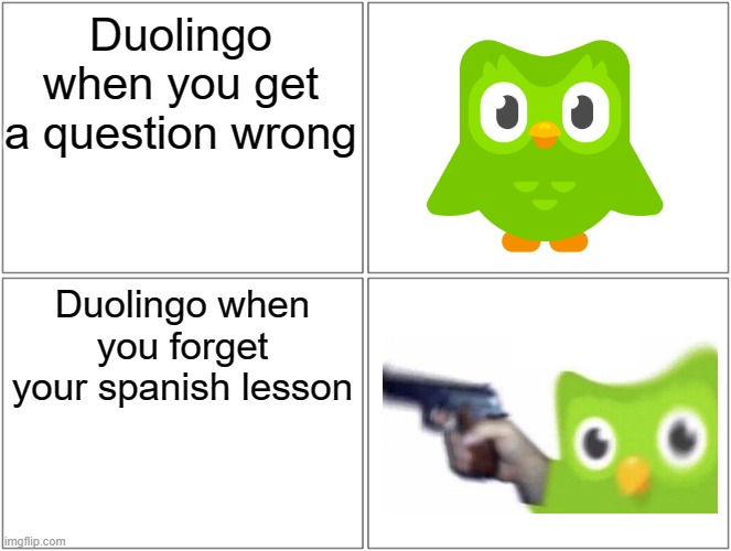 Blank Comic Panel 2x2 | Duolingo when you get a question wrong; Duolingo when you forget your spanish lesson | image tagged in memes,blank comic panel 2x2 | made w/ Imgflip meme maker