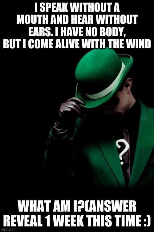 the riddler #3 | I SPEAK WITHOUT A MOUTH AND HEAR WITHOUT EARS. I HAVE NO BODY, BUT I COME ALIVE WITH THE WIND; WHAT AM I?(ANSWER REVEAL 1 WEEK THIS TIME :) | image tagged in the riddler | made w/ Imgflip meme maker