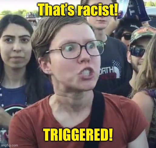 Triggered feminist | That’s racist! TRIGGERED! | image tagged in triggered feminist | made w/ Imgflip meme maker