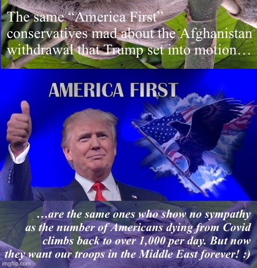 Just one sloth’s opinion :) | The same “America First” conservatives mad about the Afghanistan withdrawal that Trump set into motion…; …are the same ones who show no sympathy as the number of Americans dying from Covid climbs back to over 1,000 per day. But now they want our troops in the Middle East forever! :) | image tagged in america first sloths 2 | made w/ Imgflip meme maker