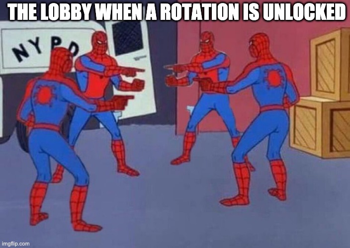 Rotation Character Unlocked | THE LOBBY WHEN A ROTATION IS UNLOCKED | image tagged in battle royale,hunter's arena | made w/ Imgflip meme maker