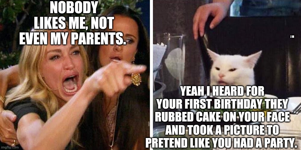 Smudge the cat |  NOBODY LIKES ME, NOT EVEN MY PARENTS. J M; YEAH I HEARD FOR YOUR FIRST BIRTHDAY THEY RUBBED CAKE ON YOUR FACE AND TOOK A PICTURE TO PRETEND LIKE YOU HAD A PARTY. | image tagged in smudge the cat | made w/ Imgflip meme maker