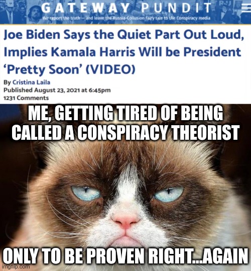 Anyone with a brain could see this coming a mile away | ME, GETTING TIRED OF BEING CALLED A CONSPIRACY THEORIST; ONLY TO BE PROVEN RIGHT...AGAIN | image tagged in memes,biden,harris | made w/ Imgflip meme maker