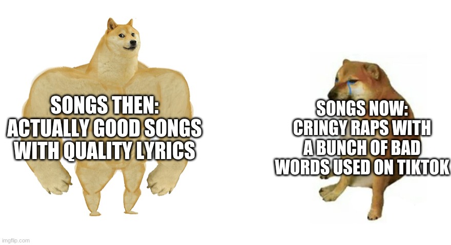 Songs Now vs Songs Then | SONGS NOW: CRINGY RAPS WITH A BUNCH OF BAD WORDS USED ON TIKTOK; SONGS THEN: ACTUALLY GOOD SONGS WITH QUALITY LYRICS | image tagged in buff doge vs crying cheems | made w/ Imgflip meme maker