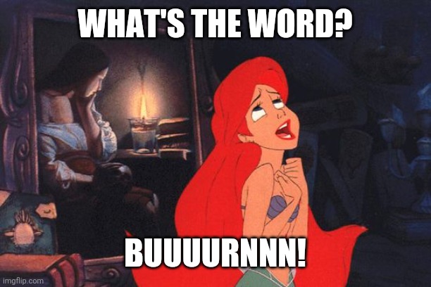 What's the word?  Burn. | WHAT'S THE WORD? BUUUURNNN! | image tagged in little mermaid,burn,apply cold water to burned area,burned | made w/ Imgflip meme maker