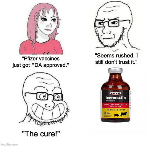 "We're not guinea pigs, we're actual pigs!" | "Seems rushed, I still don't trust it."; "Pfizer vaccines just got FDA approved."; "The cure!" | image tagged in anti vax,vaccines,covid-19,dr fauci,pfizer | made w/ Imgflip meme maker