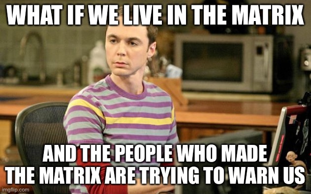 Sheldon Big Bang Theory  |  WHAT IF WE LIVE IN THE MATRIX; AND THE PEOPLE WHO MADE THE MATRIX ARE TRYING TO WARN US | image tagged in sheldon big bang theory | made w/ Imgflip meme maker