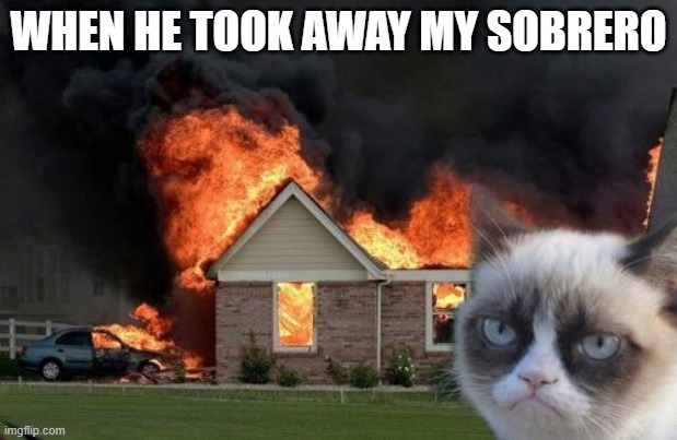 When he looks an Sobrero | WHEN HE TOOK AWAY MY SOBRERO | image tagged in memes,burn kitty,grumpy cat | made w/ Imgflip meme maker