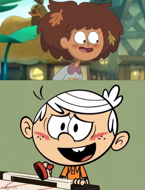 Lincoln Loud meets Anne Boonchuy | image tagged in amphibia,the loud house,disney channel,nickelodeon,blushing | made w/ Imgflip meme maker