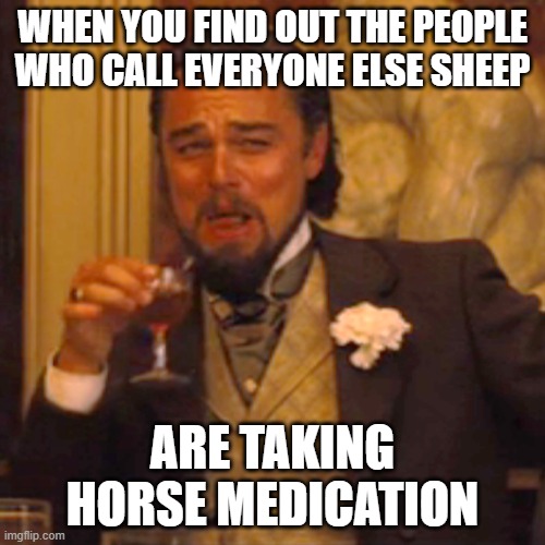 Laughing Leo | WHEN YOU FIND OUT THE PEOPLE WHO CALL EVERYONE ELSE SHEEP; ARE TAKING HORSE MEDICATION | image tagged in memes,laughing leo | made w/ Imgflip meme maker