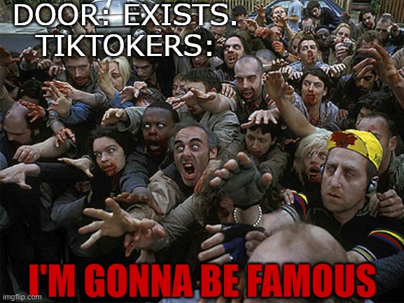 tiktok is very very strange. | DOOR: EXISTS.
TIKTOKERS:; I'M GONNA BE FAMOUS | image tagged in zombies approaching | made w/ Imgflip meme maker