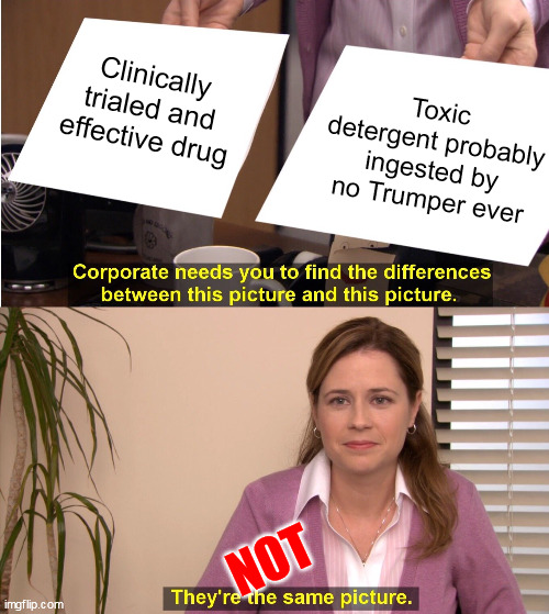 They're The Same Picture Meme | Clinically trialed and effective drug Toxic detergent probably ingested by no Trumper ever NOT | image tagged in memes,they're the same picture | made w/ Imgflip meme maker