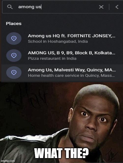 amog us | WHAT THE? | image tagged in memes,kevin hart | made w/ Imgflip meme maker