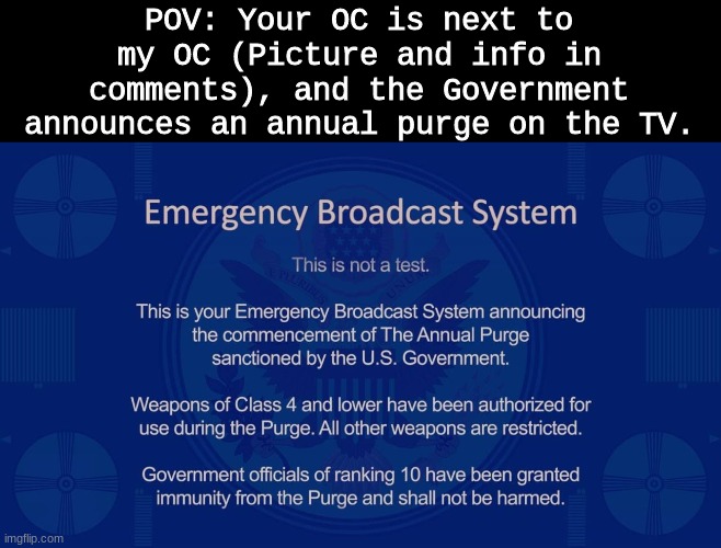 Sorry I haven't been uploading, I've been dealing with school ;-; | POV: Your OC is next to my OC (Picture and info in comments), and the Government announces an annual purge on the TV. | image tagged in roleplaying | made w/ Imgflip meme maker