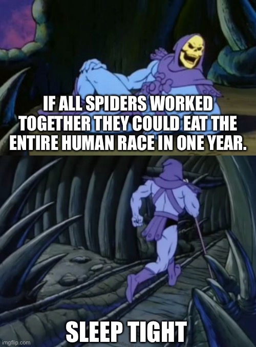 Disturbing Facts Skeletor | IF ALL SPIDERS WORKED TOGETHER THEY COULD EAT THE ENTIRE HUMAN RACE IN ONE YEAR. SLEEP TIGHT | image tagged in disturbing facts skeletor,memes | made w/ Imgflip meme maker