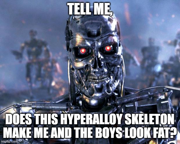 Skynet cares more for efficiency, not the fashion feels of it's robo babies. | TELL ME, DOES THIS HYPERALLOY SKELETON MAKE ME AND THE BOYS LOOK FAT? | image tagged in terminator robot t-800,self conscious ai,robo feels | made w/ Imgflip meme maker