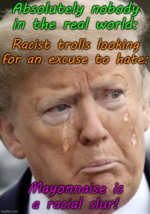 Reality check. | Absolutely nobody in the real world:; Racist trolls looking for an excuse to hate:; Mayonnaise is a racial slur! | image tagged in crying trump,white supremacy,mocking,minorities | made w/ Imgflip meme maker