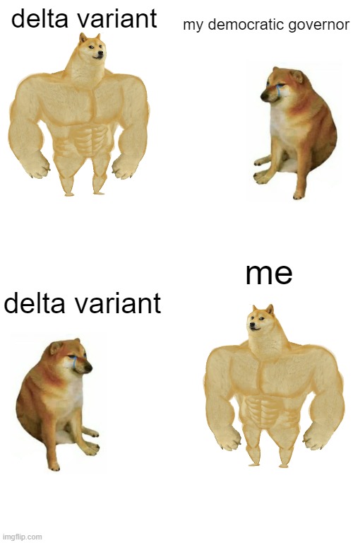 covid can't catch meee *knocks on wood* | delta variant; my democratic governor; me; delta variant | image tagged in memes,buff doge vs cheems,covid-19,covid,coronavirus | made w/ Imgflip meme maker