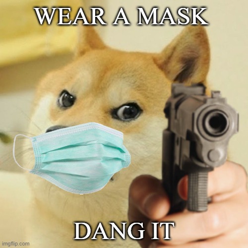 Doge holding a gun | WEAR A MASK; DANG IT | image tagged in doge holding a gun | made w/ Imgflip meme maker
