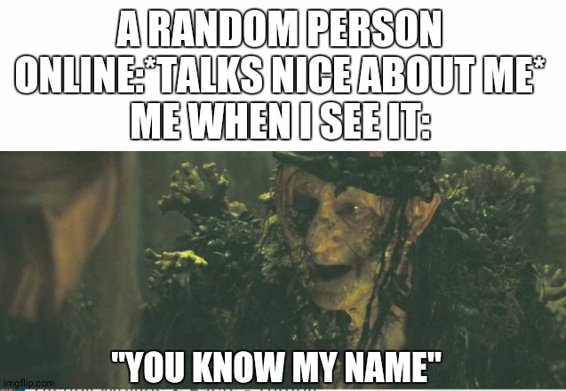 I am actually a nice guy but when I am visibly nice, people are surprised | A RANDOM PERSON ONLINE:*TALKS NICE ABOUT ME*
ME WHEN I SEE IT:; "YOU KNOW MY NAME" | image tagged in blank white template,pirates of the carribean,memes | made w/ Imgflip meme maker