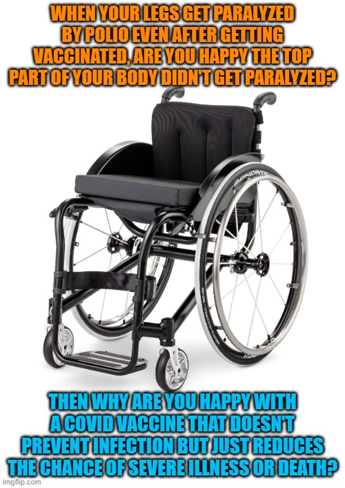 Vaccine efficacy | WHEN YOUR LEGS GET PARALYZED BY POLIO EVEN AFTER GETTING VACCINATED, ARE YOU HAPPY THE TOP PART OF YOUR BODY DIDN'T GET PARALYZED? THEN WHY ARE YOU HAPPY WITH A COVID VACCINE THAT DOESN'T PREVENT INFECTION BUT JUST REDUCES THE CHANCE OF SEVERE ILLNESS OR DEATH? | image tagged in wheelchair,vaccine efficacy,vaccine | made w/ Imgflip meme maker