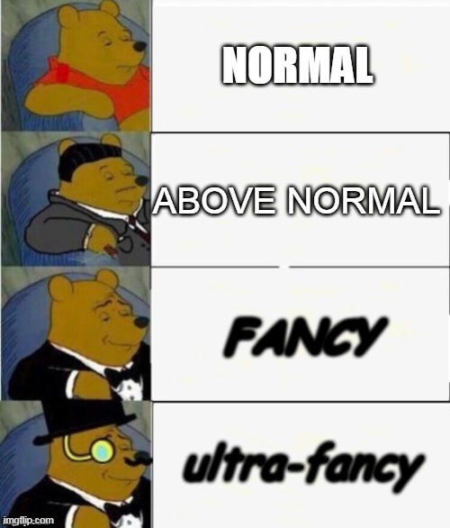 fonts from 1st to last | NORMAL; ABOVE NORMAL; FANCY; ultra-fancy | image tagged in tuxedo winnie the pooh 4 panel | made w/ Imgflip meme maker