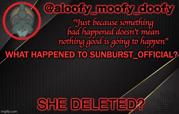 aloofy_moofy_doofy template | WHAT HAPPENED TO SUNBURST_OFFICIAL? SHE DELETED? | image tagged in aloofy_moofy_doofy template | made w/ Imgflip meme maker
