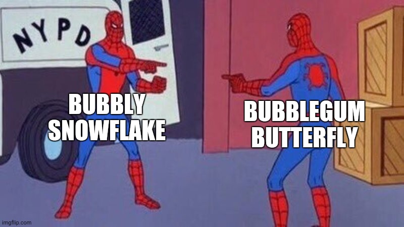 spiderman pointing at spiderman | BUBBLY SNOWFLAKE; BUBBLEGUM BUTTERFLY | image tagged in spiderman pointing at spiderman | made w/ Imgflip meme maker