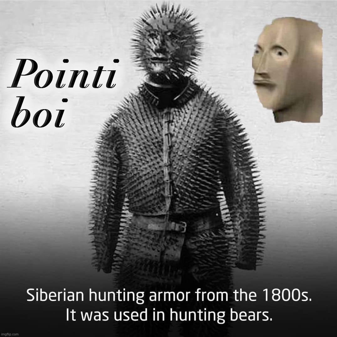 Siberian hunting armor | Pointi boi | image tagged in siberian hunting armor,meme man,pointi boi,siberian,hunting,armor | made w/ Imgflip meme maker