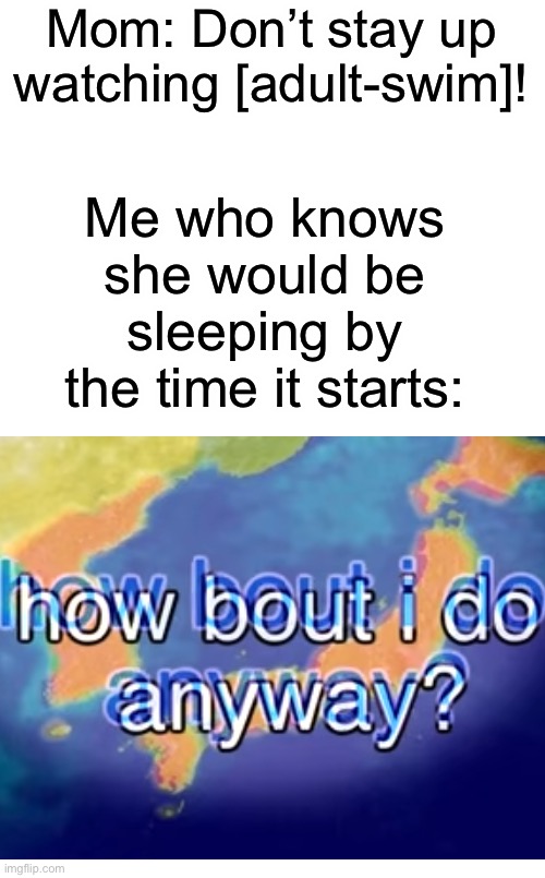 But, seriously, don’t do this kids, it’ll wreck your brain. | Mom: Don’t stay up watching [adult-swim]! Me who knows she would be sleeping by the time it starts: | image tagged in adult swim,cartoon network,bill wurtz,mom,funny,memes | made w/ Imgflip meme maker