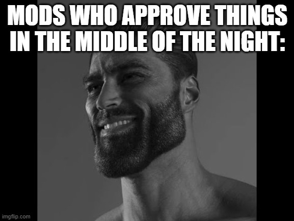 Mega Chad | MODS WHO APPROVE THINGS IN THE MIDDLE OF THE NIGHT: | image tagged in mega chad | made w/ Imgflip meme maker