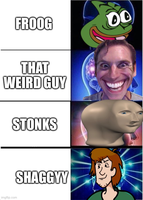 Insert title here | FROOG; THAT WEIRD GUY; STONKS; SHAGGYY | image tagged in lol,expanding brain | made w/ Imgflip meme maker