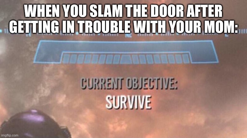 Current Objective: Survive | WHEN YOU SLAM THE DOOR AFTER GETTING IN TROUBLE WITH YOUR MOM: | image tagged in current objective survive | made w/ Imgflip meme maker