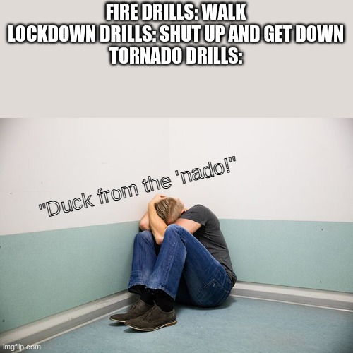 School Drills | FIRE DRILLS: WALK
LOCKDOWN DRILLS: SHUT UP AND GET DOWN
TORNADO DRILLS:; "Duck from the 'nado!" | image tagged in school,drills,no idea for a different tag | made w/ Imgflip meme maker