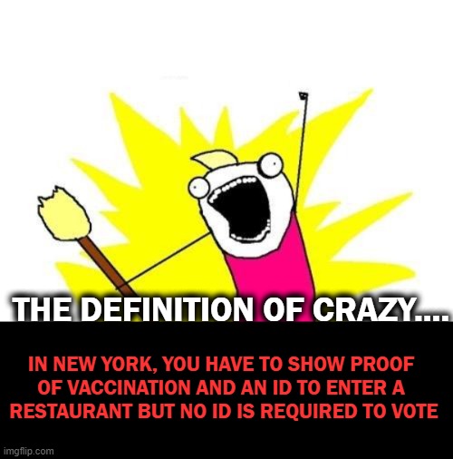 wth? | THE DEFINITION OF CRAZY.... IN NEW YORK, YOU HAVE TO SHOW PROOF 
OF VACCINATION AND AN ID TO ENTER A 
RESTAURANT BUT NO ID IS REQUIRED TO VOTE | image tagged in memes,politics | made w/ Imgflip meme maker