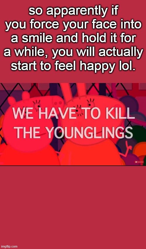 we have to kill the younglings | so apparently if you force your face into a smile and hold it for a while, you will actually start to feel happy lol. | image tagged in we have to kill the younglings | made w/ Imgflip meme maker