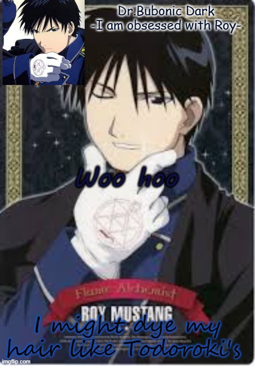 Roy is hawt do not question me | Woo hoo; I might dye my hair like Todoroki's | image tagged in roy is hawt do not question me | made w/ Imgflip meme maker