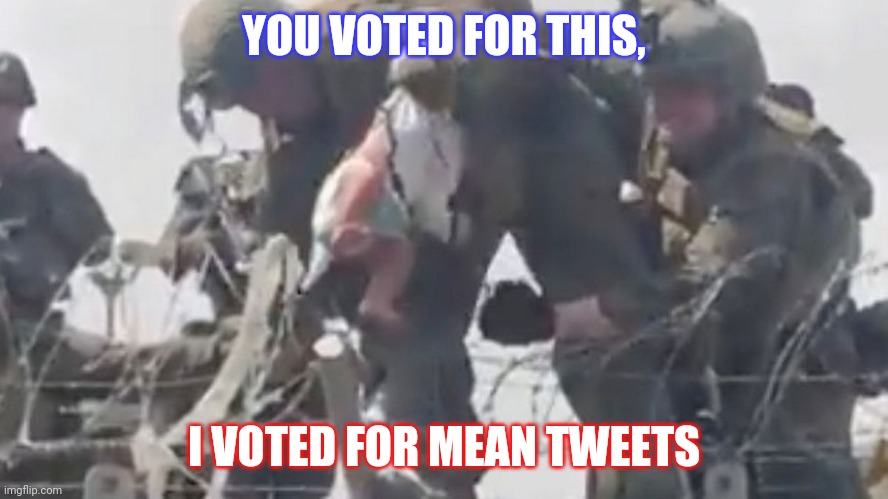 Afghan baby | YOU VOTED FOR THIS, I VOTED FOR MEAN TWEETS | image tagged in joe biden,democrat | made w/ Imgflip meme maker