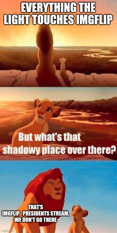 Simba Shadowy Place Meme | EVERYTHING THE LIGHT TOUCHES IMGFLIP THAT'S IMGFLIP_PRESIDENTS STREAM, WE DON'T GO THERE | image tagged in memes,simba shadowy place | made w/ Imgflip meme maker