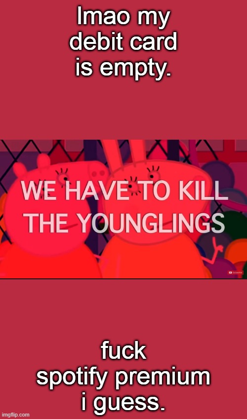 we have to kill the younglings | lmao my debit card is empty. fuck spotify premium i guess. | image tagged in we have to kill the younglings | made w/ Imgflip meme maker